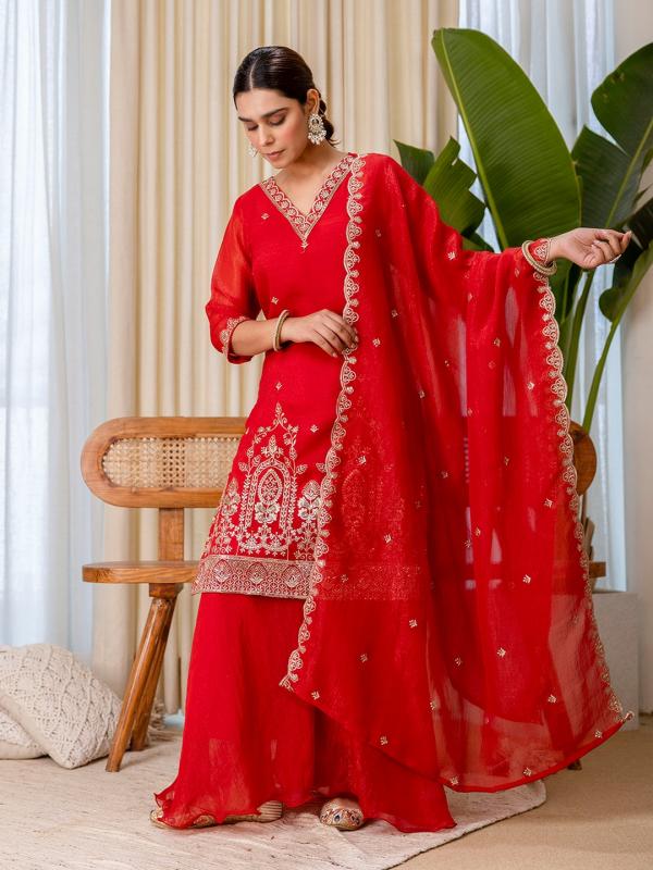 VP 9820 P Women’s Zari Embroidered Straight Kurta Plazzo with Dupatta Set